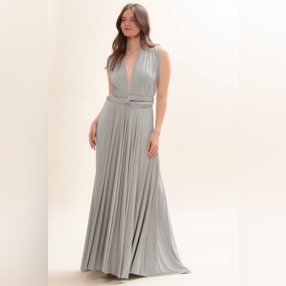 Two Birds New York Silver Classic Convertible/Bridesmaid Ballgown Dress, Size A.